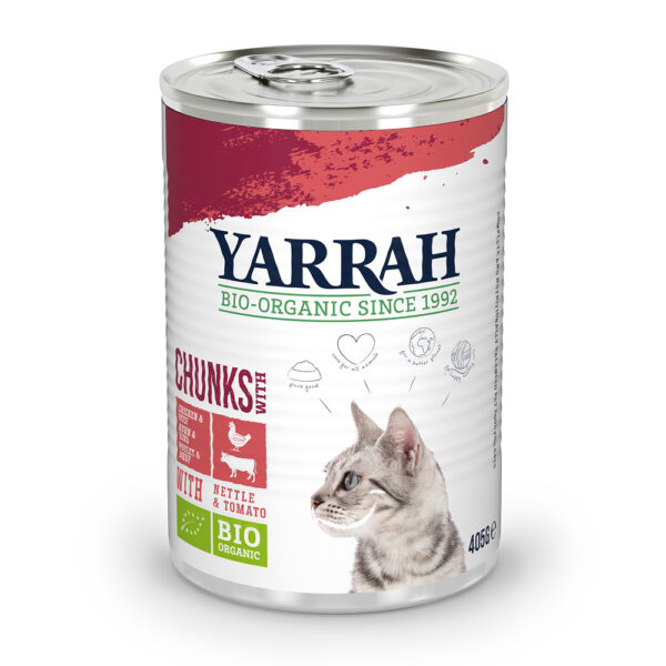 15% taniej! Yarrah Bio, 6 x 400 g/405 g  - Kawałeczki, biokurczak i biowołowina z biopokrzywą i biopomidorami w sosie, 6 x 405 g