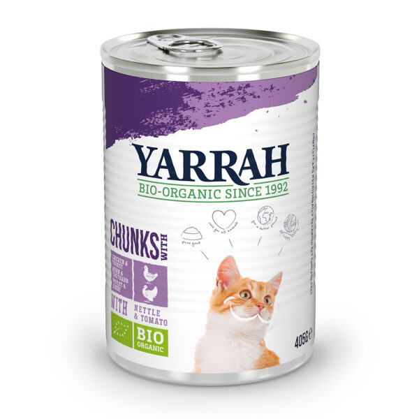 15% taniej! Yarrah Bio, 6 x 400 g/405 g  - Kawałeczki, biokurczak i bioindyk z biopokrzywą i biopomidorami w sosie, 6 x 405 g
