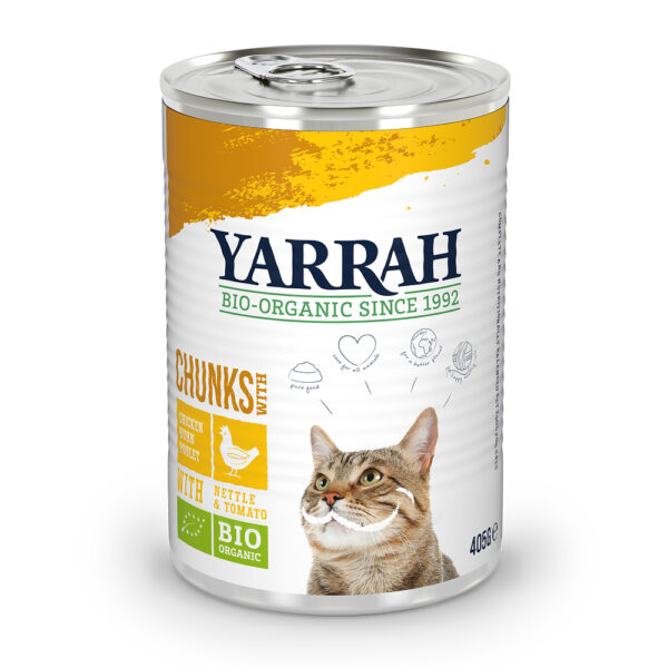 15% taniej! Yarrah Bio, 6 x 400 g/405 g  - Kawałeczki, biokurczak z biopokrzywą i biopomidorami w sosie, 6 x 405 g