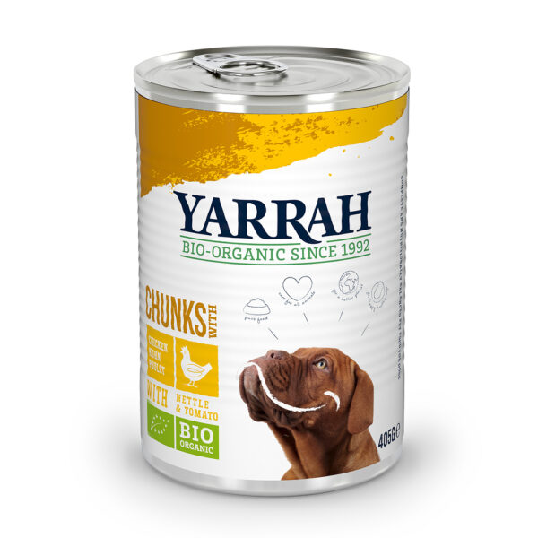 15% taniej! Yarrah Bio, karma mokra, różne rodzaje - Z biokurczakiem, biopokrzywą i biopomidorami, 6 x 405 g