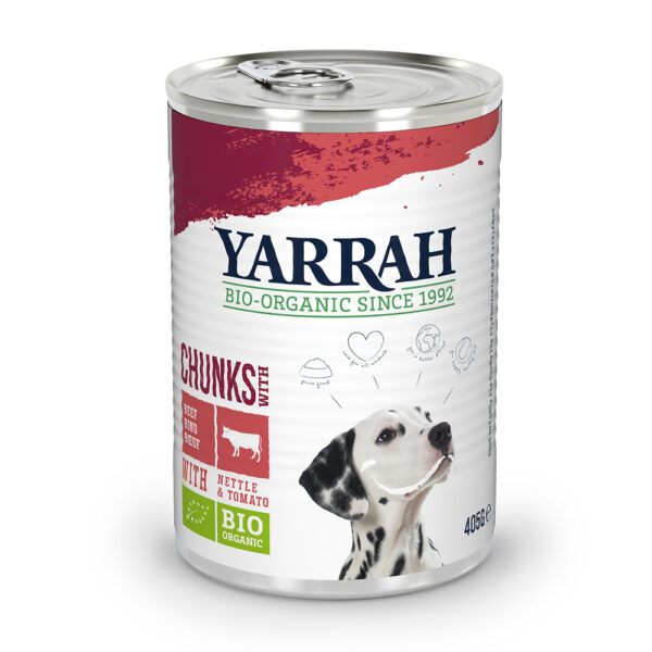15% taniej! Yarrah Bio, karma mokra, różne rodzaje - Z biowołowiną, biopokrzywą i biopomidorami, 6 x 405 g